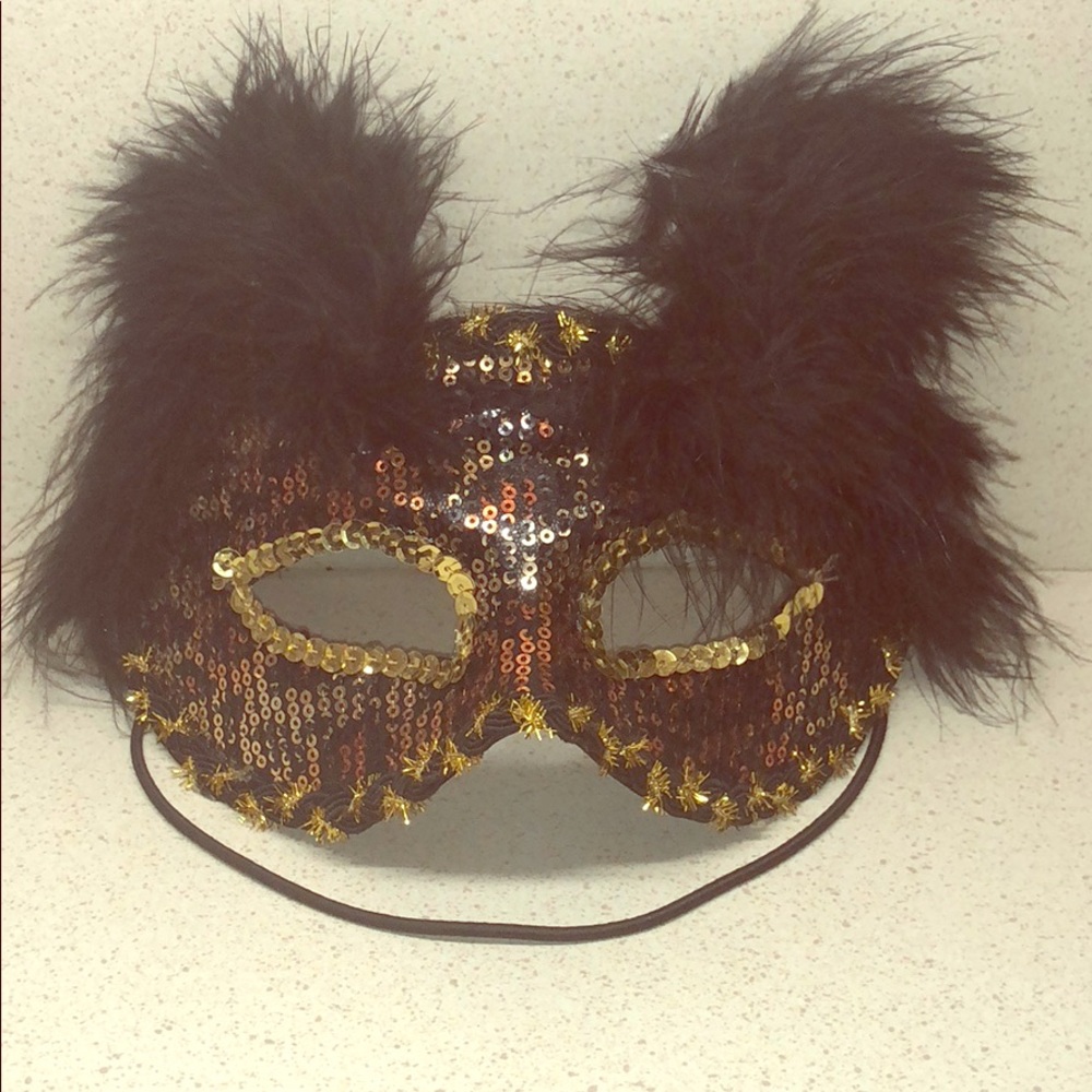 🆕 wot* Bronze Gold Black Feather Masquerade Mask